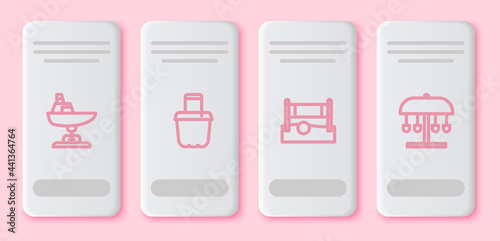 Set line Swing boat, Sand bucket, Volleyball net with ball and Attraction carousel. White rectangle button. Vector