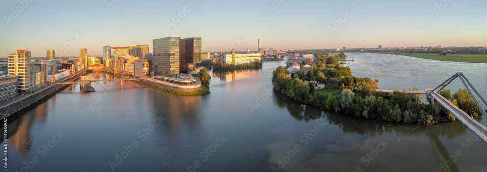 Modern Architecture at the Media Harbour at sunrise;  Düsseldorf, North Rhine Westphalia, Germany