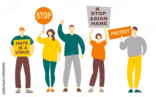 A group of people protest against Asian hatred. Men and women hold posters with the inscription: Stop Asian Hate. Banner against racism. Flat illustration isolated on white background. 