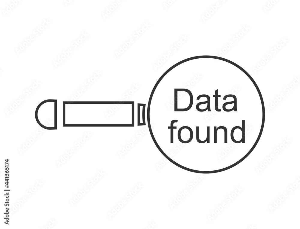 Magnifying glass icon with data found text in the middle of the glass Magnifying glass icon with data found text in the middle of the glass