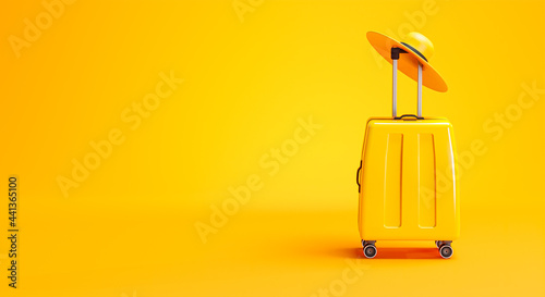 Yellow Luggage and Hat Travel Concept Background Copy Space 3D Rendering