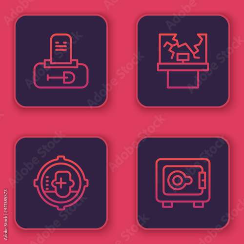 Set line Grave with tombstone, Headshot, Broken window and Safe. Blue square button. Vector