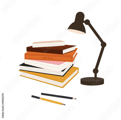 Vector illustration of the stack of books, lamp and pencils, isolated on white. Hand-drawn set. Objects for learning, reading, school tools. Suitable for book shops, and publishing houses.