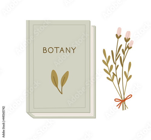 Vector illustration of the botany book with flowers, isolated on white. Hand-drawn set. Objects for learning, reading, school tools. Suitable for book shops, and publishing houses.