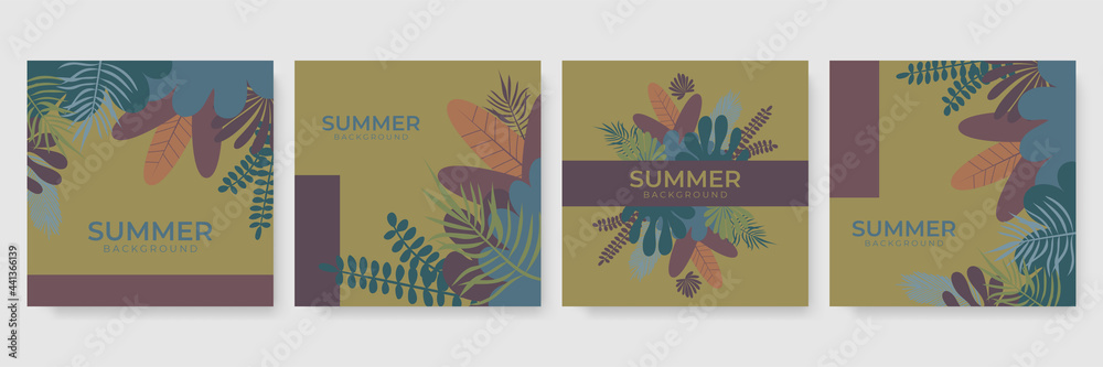 Trendy summer earth tone abstract art templates with floral tree and geometric elements. Suitable for social media posts, mobile apps, banners design and web, internet ads. Fashion backgrounds