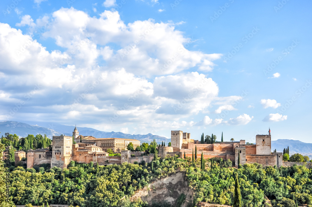From the hill side of the Old Arab Quarter, Albayzín, in Granada, there is a magnificent view of the Alhambra, one of the most beautiful structures in Spain