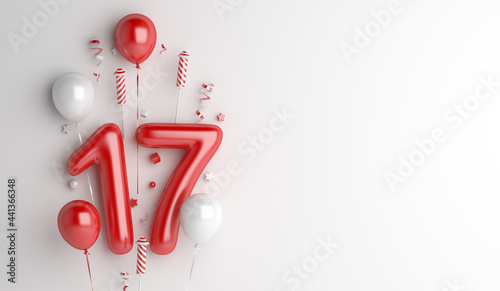 Indonesia independence day decoration background with 17 balloon number, firework rocket, confetti, copy space text, 3D rendering illustration photo