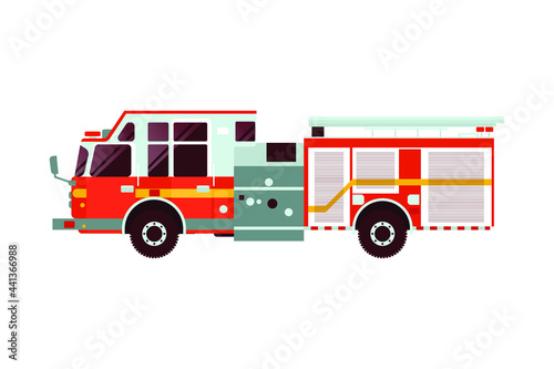 Red Fire Truck Emergency Vehicle. Modern Flat Style Vector Illustration. Social Media Template.