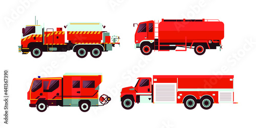Set of Various Type of Red Fire Truck Emergency Vehicle. Modern Flat Style Vector Illustration.