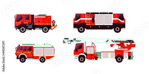 Set of Various Type of Red Fire Truck Emergency Vehicle. Modern Flat Style Vector Illustration.
