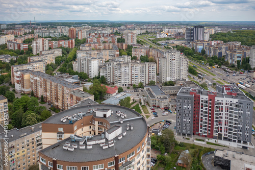  Aerial view on Sykhiv, the largest residential area in Lviv, Ukraine from drone. Chervonoyi Kalyny Avenue