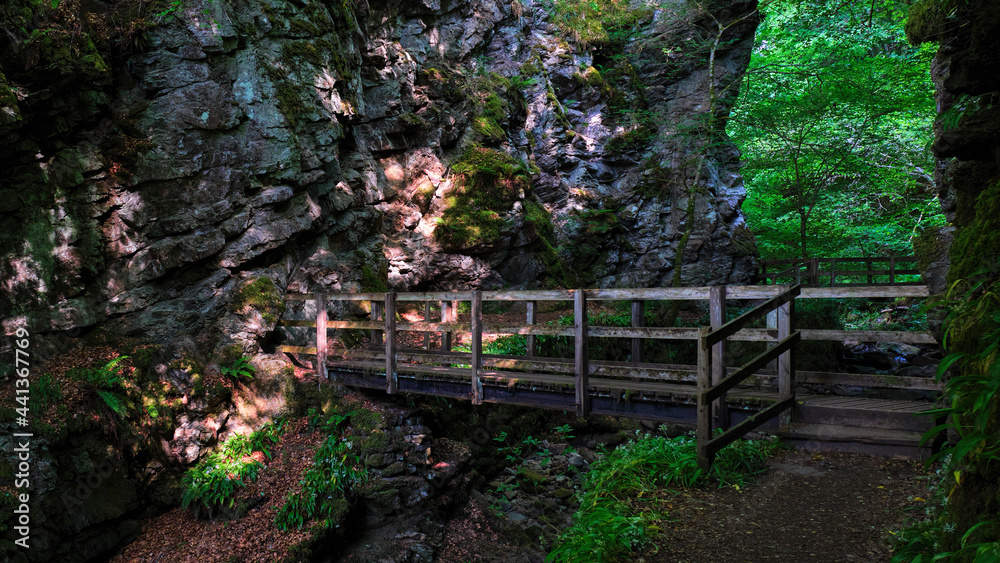 Big Burn waterfall walk through Dunrobin wood in Golspie in the Highlands Big Burn waterfall walk through Dunrobin wood in Golspie in the Highlands