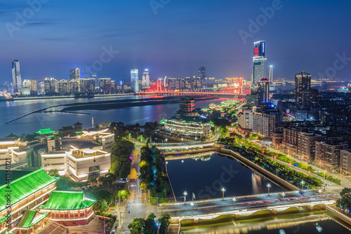 Aerial view of the city, night falls in the light show under the shining, beautiful scenery bright lights. Nanchang, capital of Jiangxi Province, China