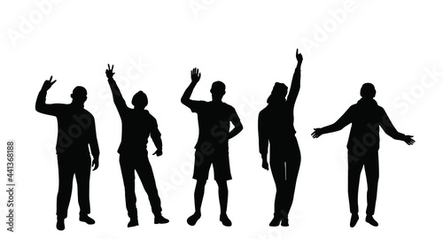 Silhouettes of a group of people who wave their hands and rejoice.
