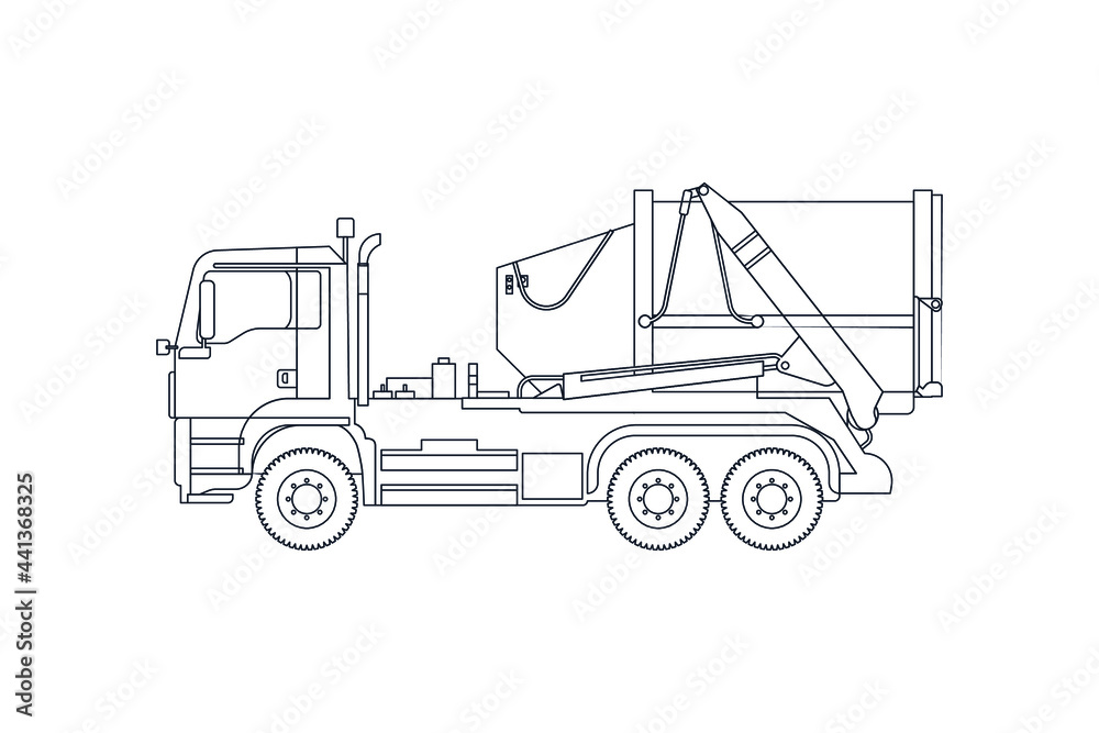 Naklejka premium Garbage Truck Vehicle in Line. Modern Flat Style Vector Illustration. Social Media Template.