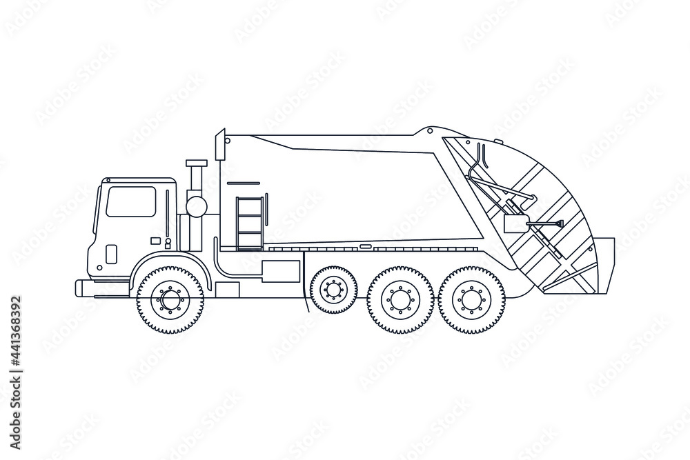 Garbage Truck Vehicle in Line. Modern Flat Style Vector Illustration. Social Media Template.