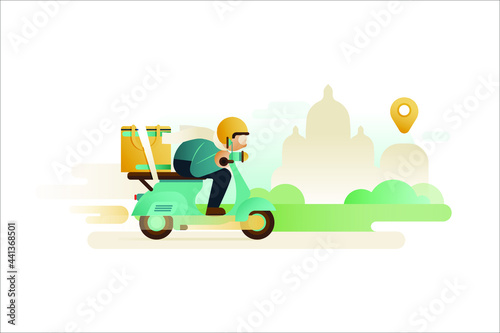 Young Delivery Guy with Yellow Helmet Riding Scooter to a Yellow Icon Location on a City Landscape. Flat Fast Scooter Delivery Concept. Banner Design. Website template. Landing Page.