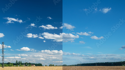 Effect of a polarizing filter shown on the photo of the sky. The picture of the clouds is higher contrast through the filter. photo
