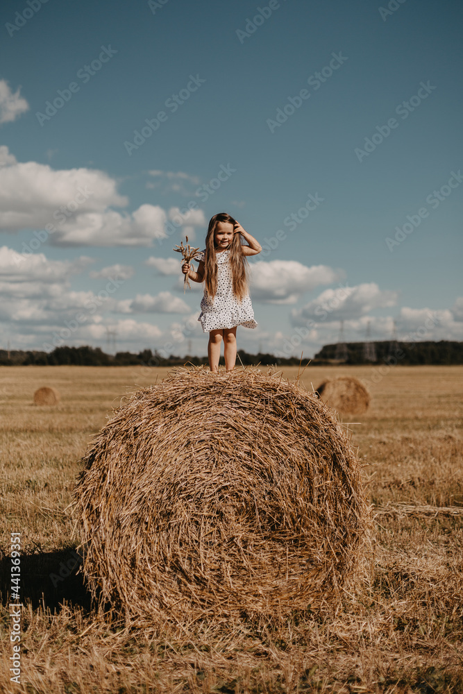 Adorable little girl in a field with haystacks. Adorable little girl in a field with haystacks.