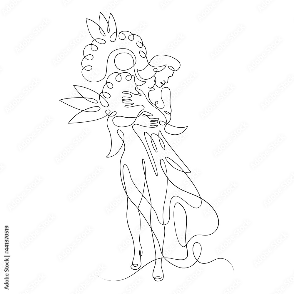 Woman with a large bouquet of flowers.One continuous line.Female character at the wedding with flowers. One continuous drawing line logo isolated minimal illustration.