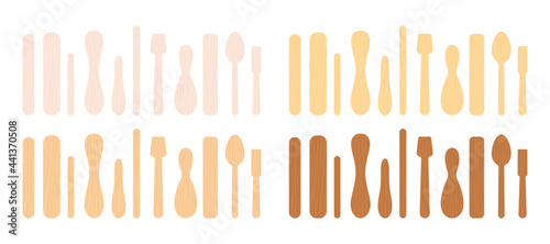 Popsicle stick and spoon for ice cream, medical tongue depressor set. Different wooden color stick medical throat examination, ice cream from light to dark. Flat cartoon vector clip art illustration