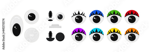 Plastic eyes for toys, puppet and dolls character isolated on white background. Round and oval colorful eyeballs vector clip art set. Flat design cartoon style craft and sewing design elements.