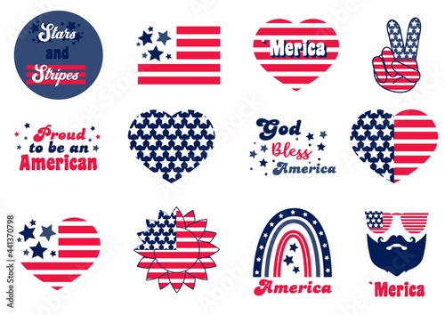 4th of July Set with logo. Independence day Bundle with American flag, heart, sunglasses. Peace, Love, America with stripes and stars. Fourth of July with Sunflower, Rainbow. Proud to be an American.