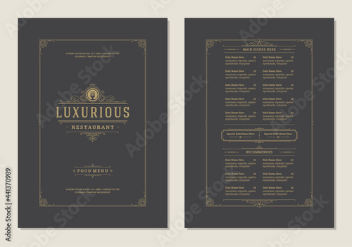 Menu design template with cover and restaurant vintage logo vector brochure.