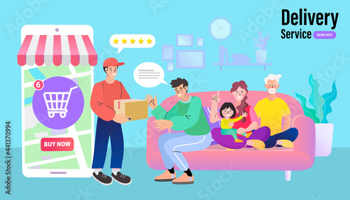 Happy family using a smartphone app, Man carrying a shopping bag, technology and lifestyle concept. vector illustration concept for grocery delivery. 