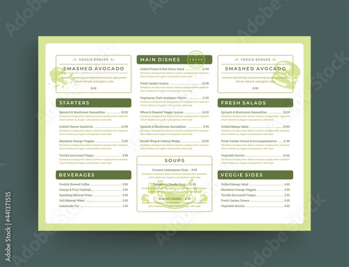 Vegetarian restaurant menu layout design brochure or food flyer template vector illustration