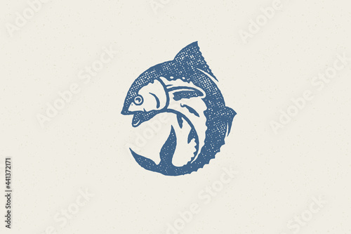 Fresh tuna fish silhouette for food market and seafood restaurant hand drawn stamp effect vector illustration.