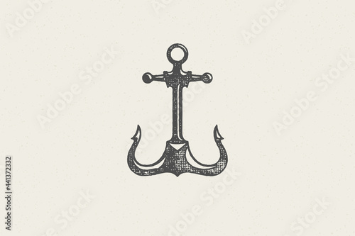 Silhouette traditional anchor emblem of maritime industry hand drawn stamp effect vector illustration.