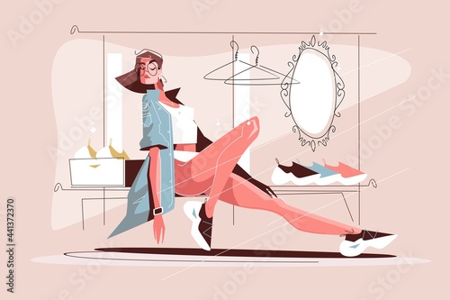 Girl in stylish casual clothes vector illustration. Fashionable woman wearing modish jeans jacket and sneakers sitting in boutique fitting room flat style concept.