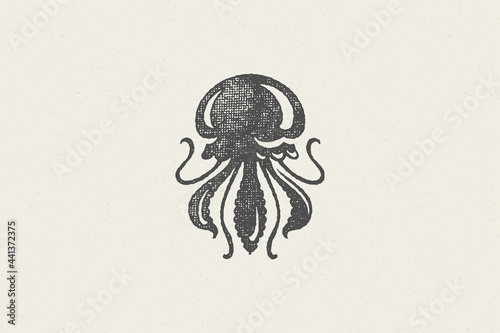 Jellyfish silhouette for food market and seafood restaurant hand drawn stamp effect vector illustration.