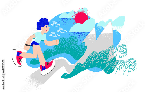 Trail Running, Marathon runner. Extreme sports. Athlete running a distance outdoors. Vector Mountain landscape with trees, sun, clouds, birds.