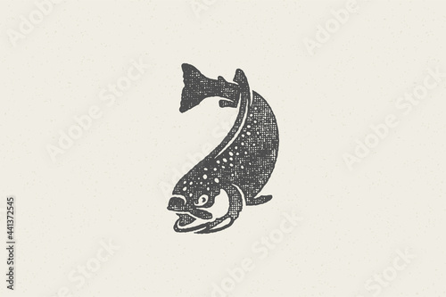 Swimming trout fish silhouette for fishing club or seafood market hand drawn stamp effect vector illustration