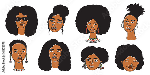 African american woman faces set, hand drawn logos of negroid race women with curly hair.Social media avatars collection, simple icons.Doodle style, minimalism.Isolated.Vector Illustration