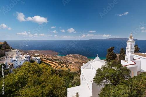 The church of Kioura in the white village of Kardiani overlooking the south coast of the Greek island of Tinos in the Cyclades archipelago