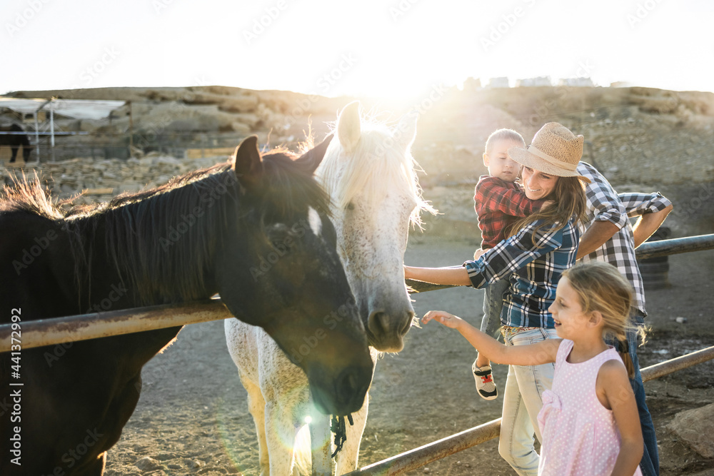 Happy family with horse having fun at farm ranch - Soft focus on mother face - obrazy, fototapety, plakaty 