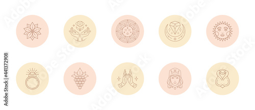 Set of icons and emblems for social media stories highlight covers in linear style vector illustration.