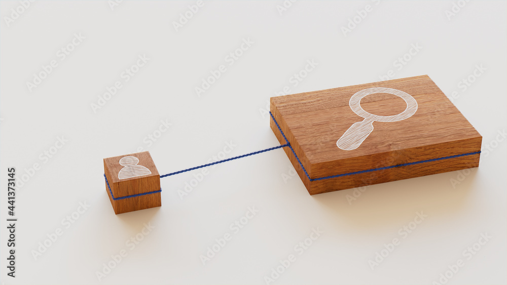 Search Technology Concept with Magnifier Symbol on a Wooden Block. User Network Connections are Represented with Blue string. White background. 3D Render. Search Technology Concept with Magnifier Symbol on a Wooden Block. User Network Connections are Represented with Blue string. White background. 3D Render.