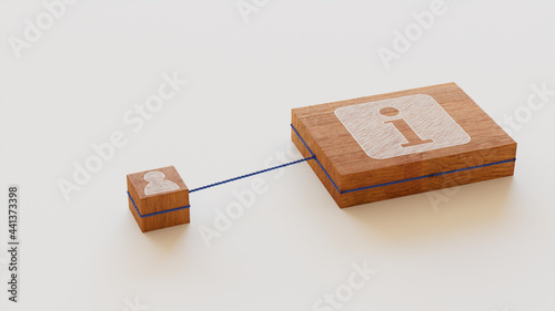 Information Technology Concept with info Symbol on a Wooden Block. User Network Connections are Represented with Blue string. White background. 3D Render. photo
