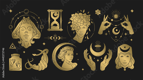 Magic woman boho vector illustrations of graceful feminine women and esoteric symbols set