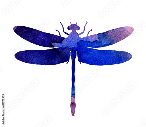 Watercolor illustration of a lilac-blue abstract dragonfly with paint stripes. Cute funny insect print. A winged insect with large eyes. Isolated over white background. Drawn by hand.