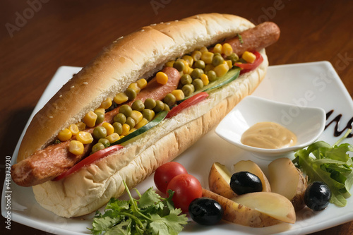 Wallpaper Mural Long hot dog with two sausages close-up, with green peas and corn, with slices of tomatoes and cucumbers, on a white plate with mustard, potatoes and cherry tomatoes
 Torontodigital.ca