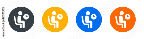Wait icon set isolated on white background. Waiting room symbol with person sitting and clock on the wall.