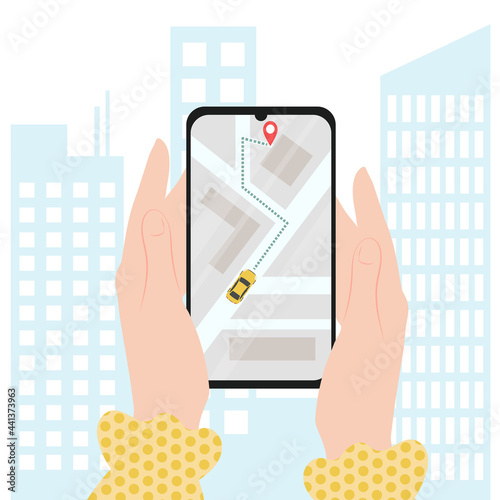 Taxi online service with using mobile phone, flat cartoon smartphone with yellow cab and street map, in female hands. Smart taxi concept.