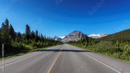 Scenic road trip. Spectacular view of Highway in Rocky Mountains in Icefields Parkway, Banff National Park, Canada. © lucky-photo