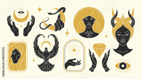 Magic woman vector illustrations of graceful feminine women and esoteric symbols set