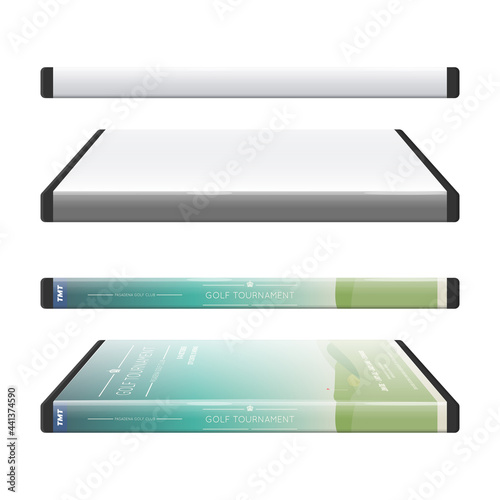 DVD video box front view with label and cover. Template for dvd or blue ray disc. Reflections and shadows on plastic dvd cover spine and top view. Video, game or product disc template.